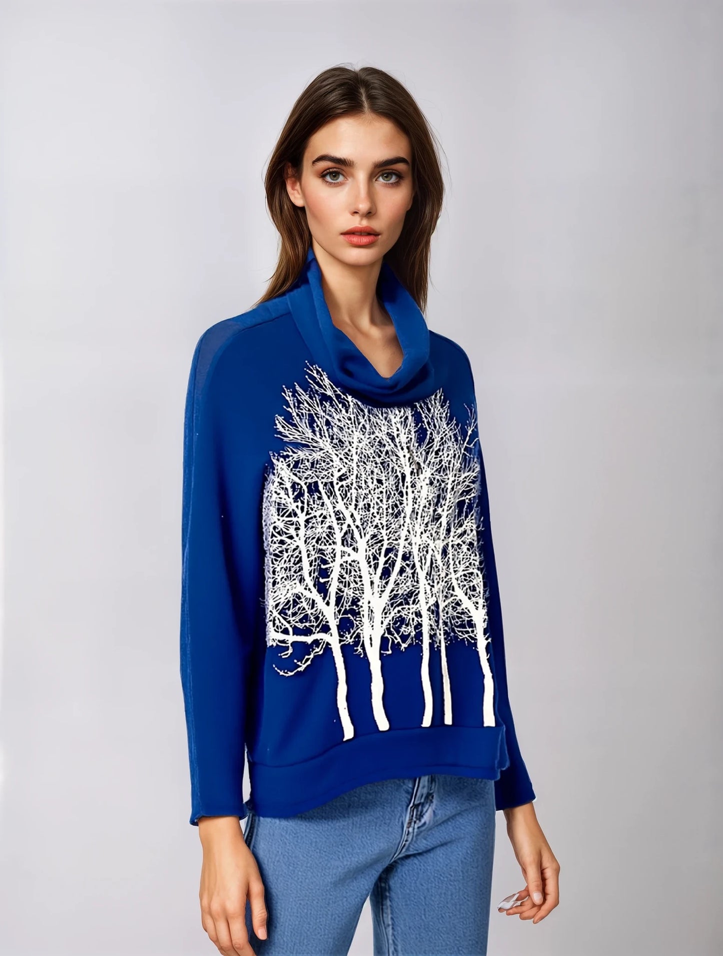 Fairytale Tree Turtleneck Cashmere Fleecy Sweater -Navy-ALL SIZES