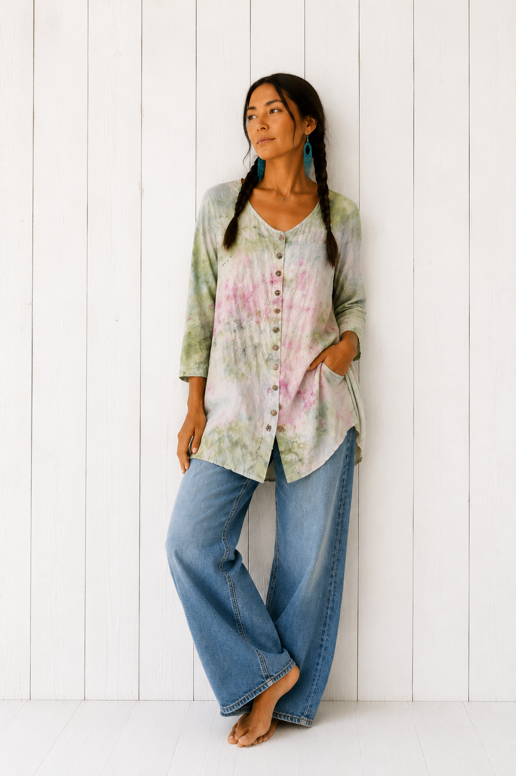 Watercolor: Ice Dye, One of a Kind Button Down Linen Top- S