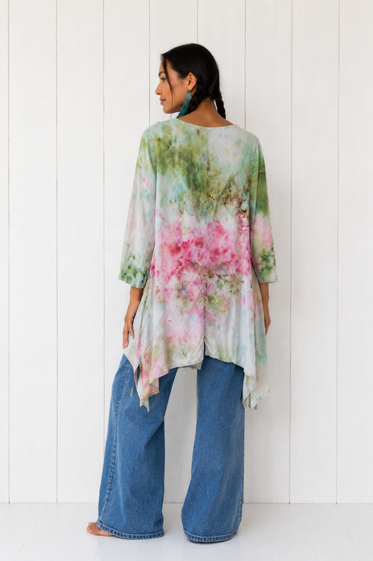 Watercolor: Ice Dye, One of a Kind Button Down Linen Top- S