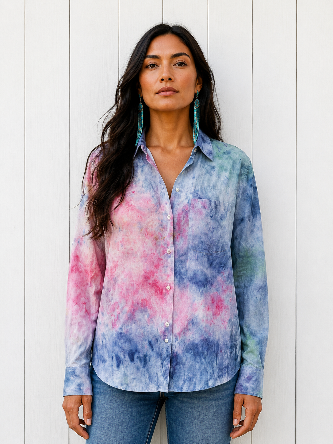 Watercolor: Ice Dye, One of a Kind Button Down Linen Top- M
