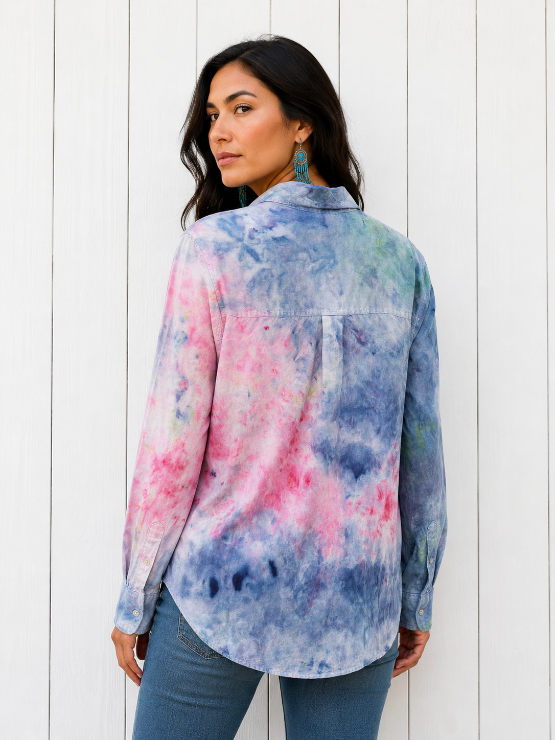 Watercolor: Ice Dye, One of a Kind Button Down Linen Top- M