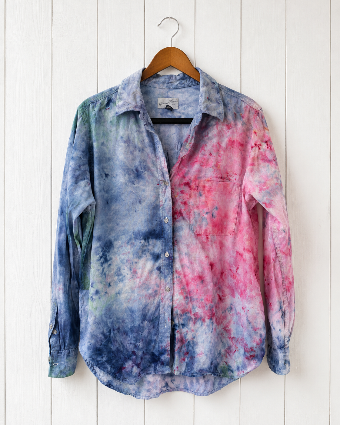 Watercolor: Ice Dye, One of a Kind Button Down Linen Top- M