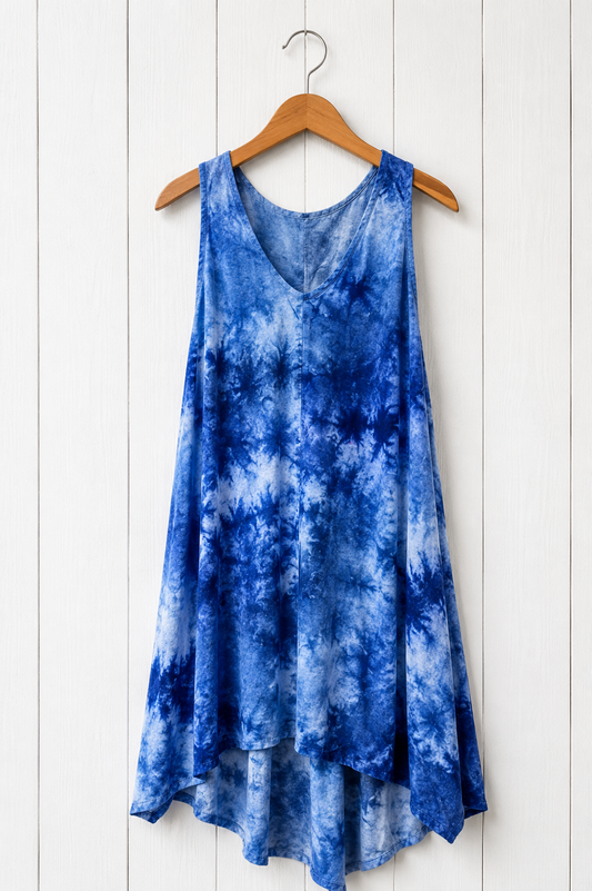 One of a Kind Watercolor Ice Dyed Hi Lo Dress- Blues