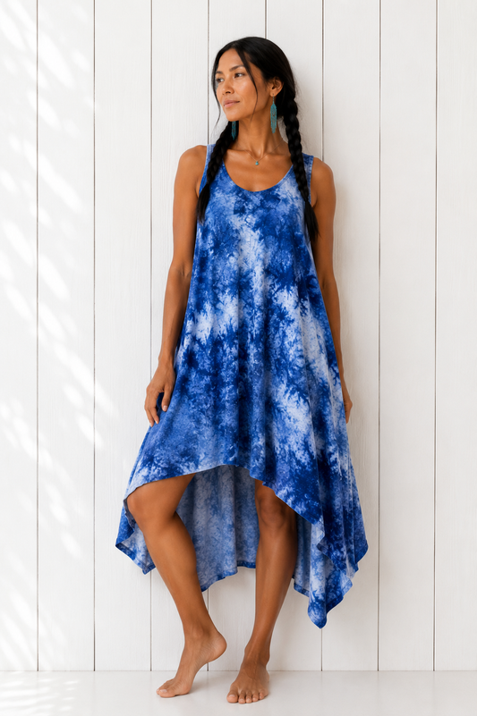 One of a Kind Watercolor Ice Dyed Hi Lo Dress- Blues