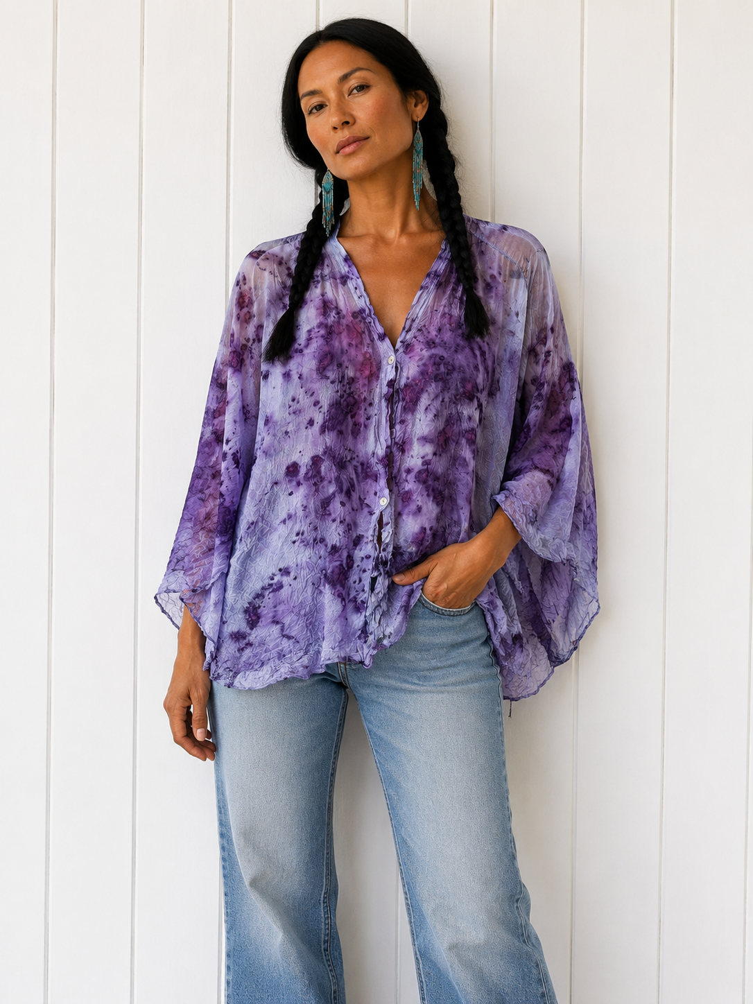 Rose Dyed: Silk Button Down:Light blues + purple