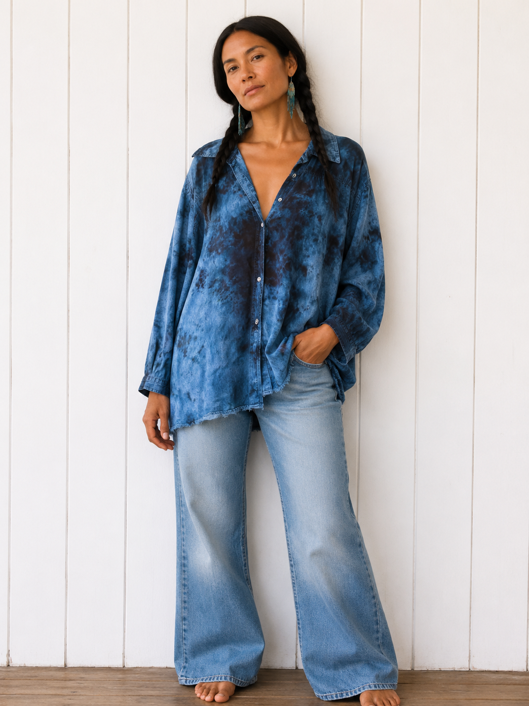 Watercolor: Ice Dye, One of a Kind Button Down Denim Button Down/Jacket Flowy Ex L