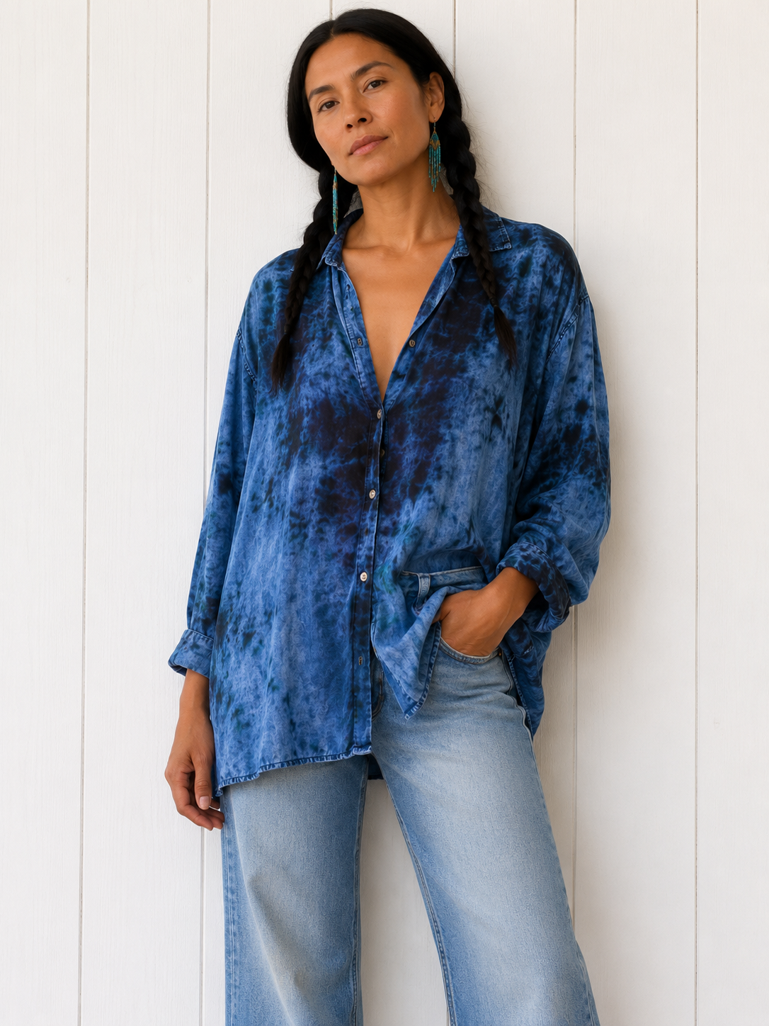 Watercolor: Ice Dye, One of a Kind Button Down Denim Button Down/Jacket Flowy Ex L