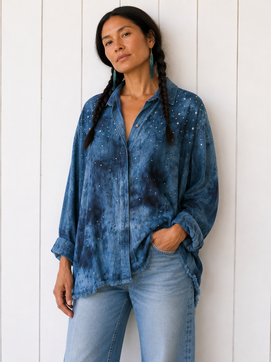 Watercolor: Ice Dye, One of a Kind Button Down Denim Button down/Jacket -Flowy EXL-1Ex