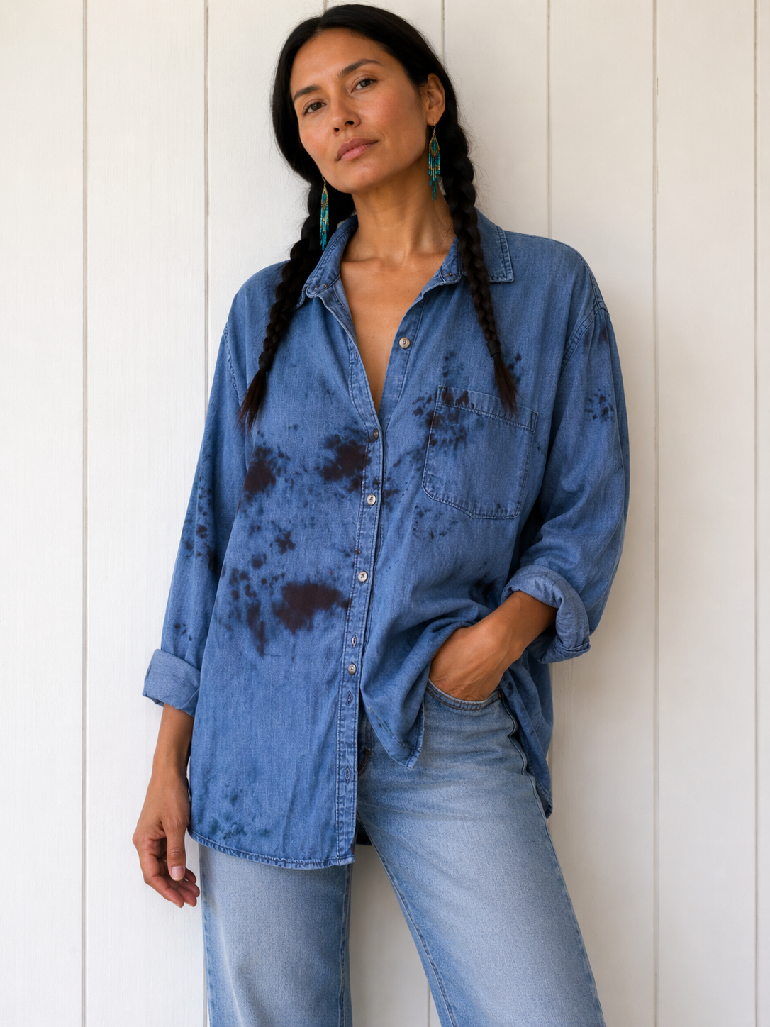 Watercolor: Ice Dye, One of a Kind Button Down Denim Top-L/EXL