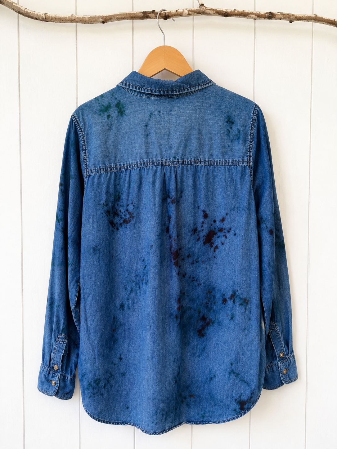 Watercolor: Ice Dye, One of a Kind Button Down Denim Top-L/EXL