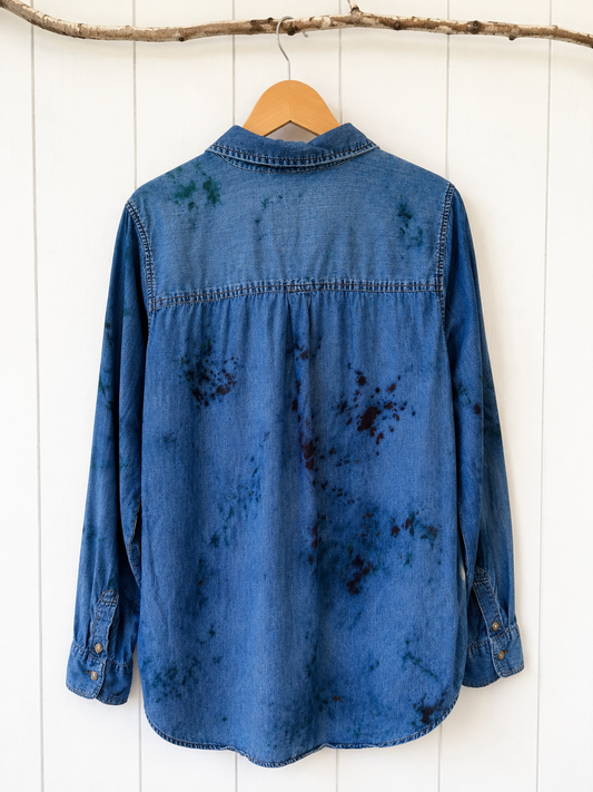 Watercolor: Ice Dye, One of a Kind Button Down Denim Top-L/EXL