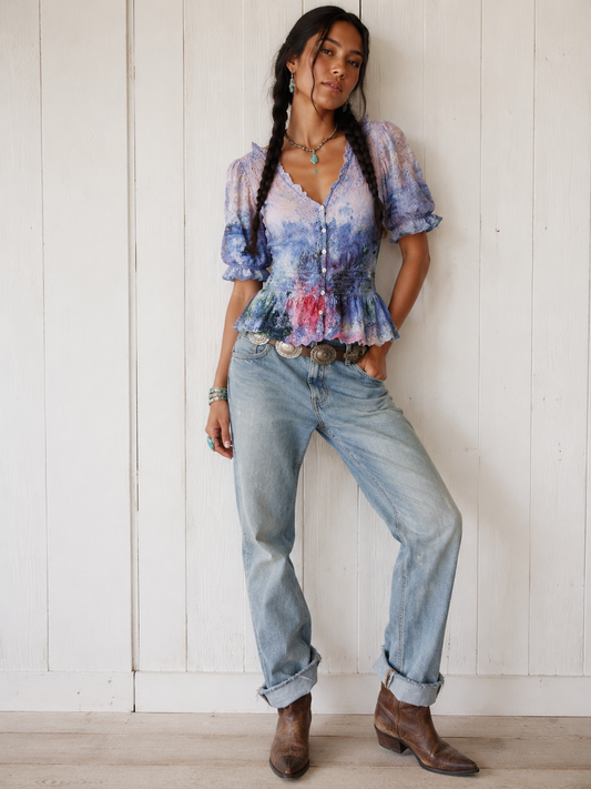 Watercolor: Ice Dye, One of a Kind Button Down Lace Button Down. XS fitted