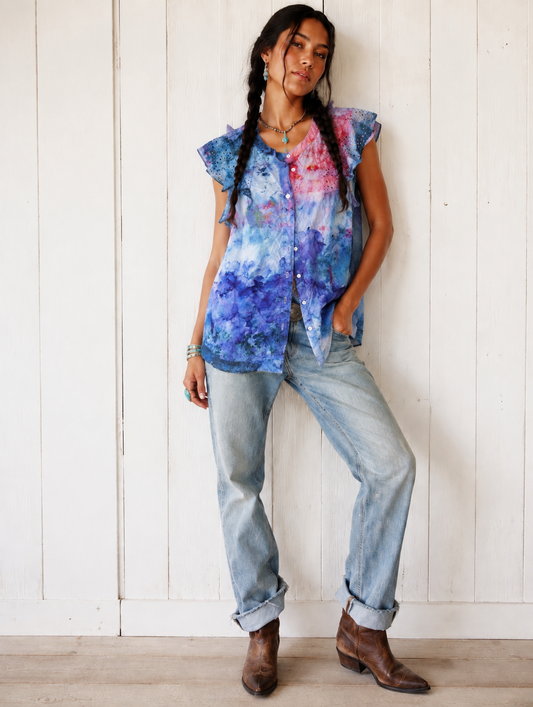 Watercolor: Ice Dye, One of a Kind Button Down Lace Button Down-size M
