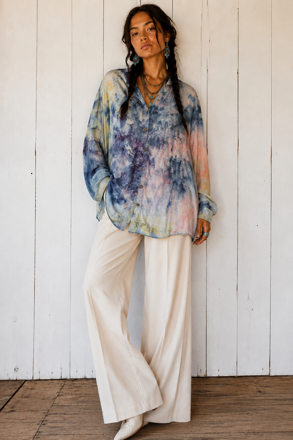Watercolor: Ice Dye, Painter’s Smock, Collared Button Down Linen Top- M