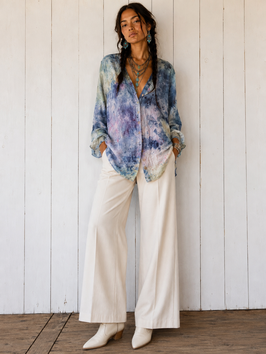 Watercolor: Ice Dye, Painter’s Smock: One of a Kind Button Down Linen Top- S