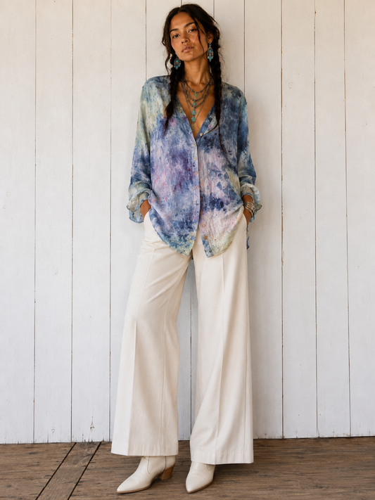 Watercolor: Ice Dye, Painter’s Smock: One of a Kind Button Down Linen Top- S