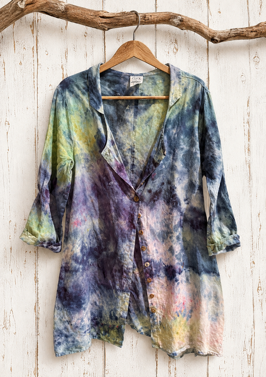 Watercolor: Ice Dye, Painter’s Smock: One of a Kind Button Down Linen Top- S