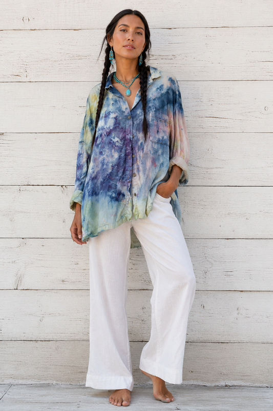 Watercolor: Ice Dye, Painter’s Smock, Collared Button Down Linen Top- M