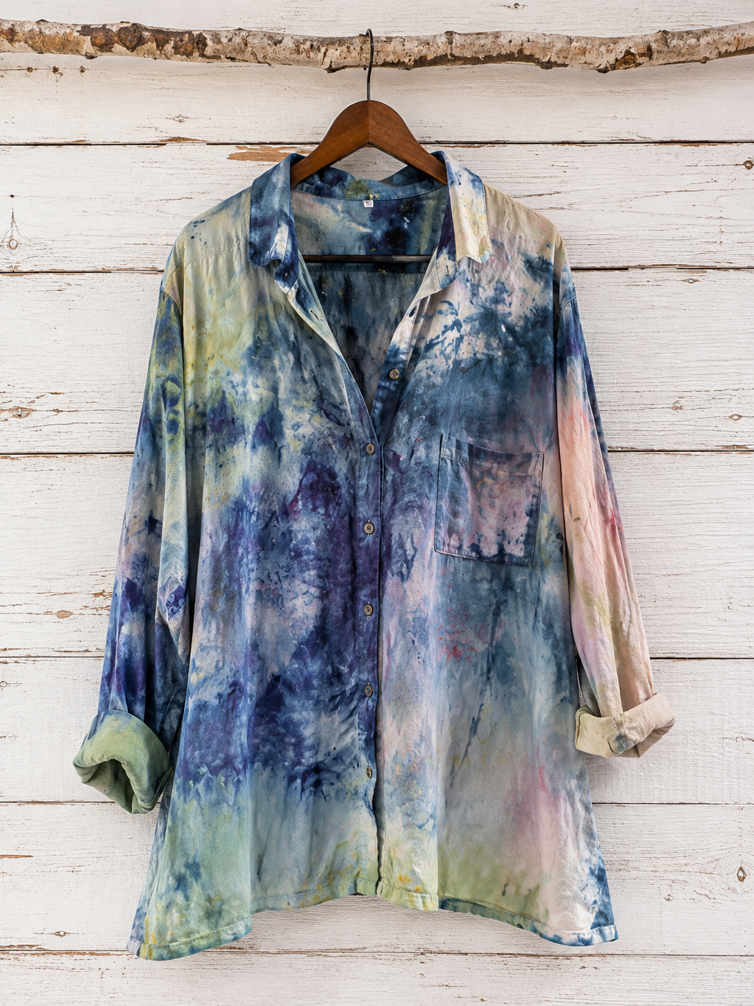 Watercolor: Ice Dye, Painter’s Smock, Collared Button Down Linen Top- M