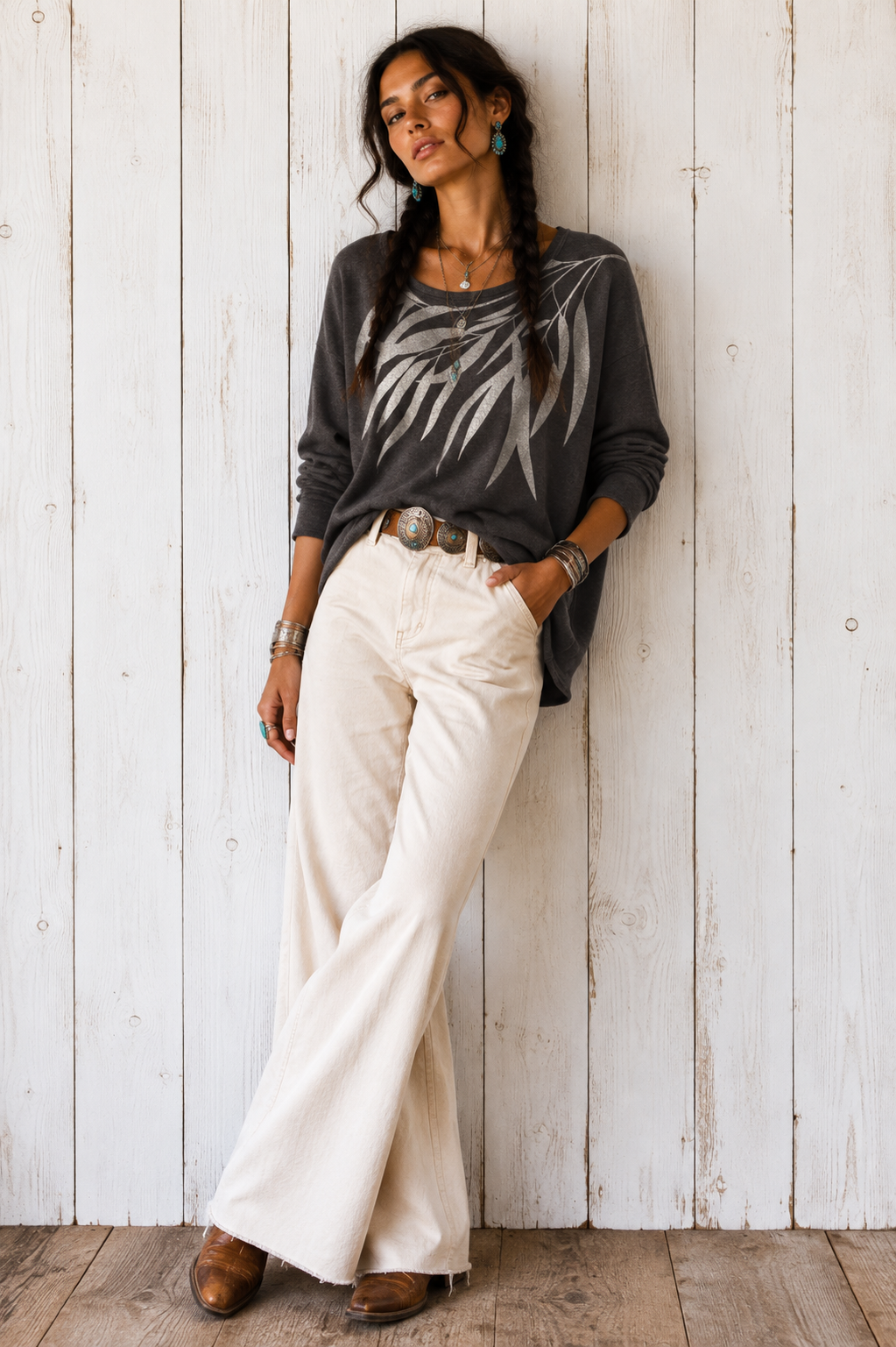 Eucalyptus in gilded silver on fleecy sweater -charcoal