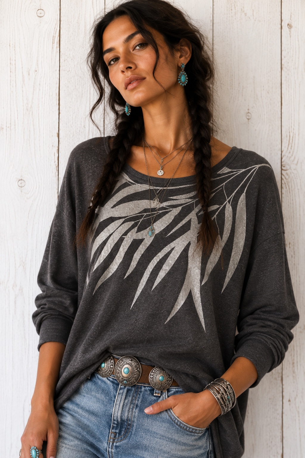 Eucalyptus in gilded silver on fleecy sweater -charcoal