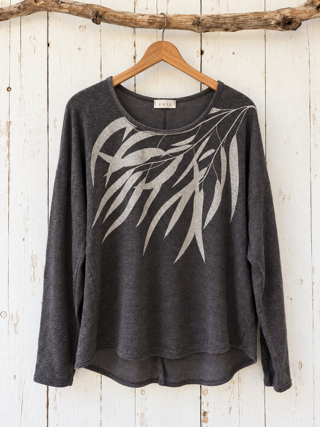 Eucalyptus in gilded silver on fleecy sweater -charcoal