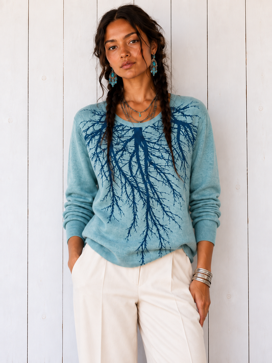 Tribe Tree Teal Ribbed Sleeve Sweater-M/L