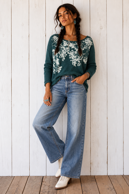 Veil of flowers fleece basic sweater ultra vegan cashmere emerald green