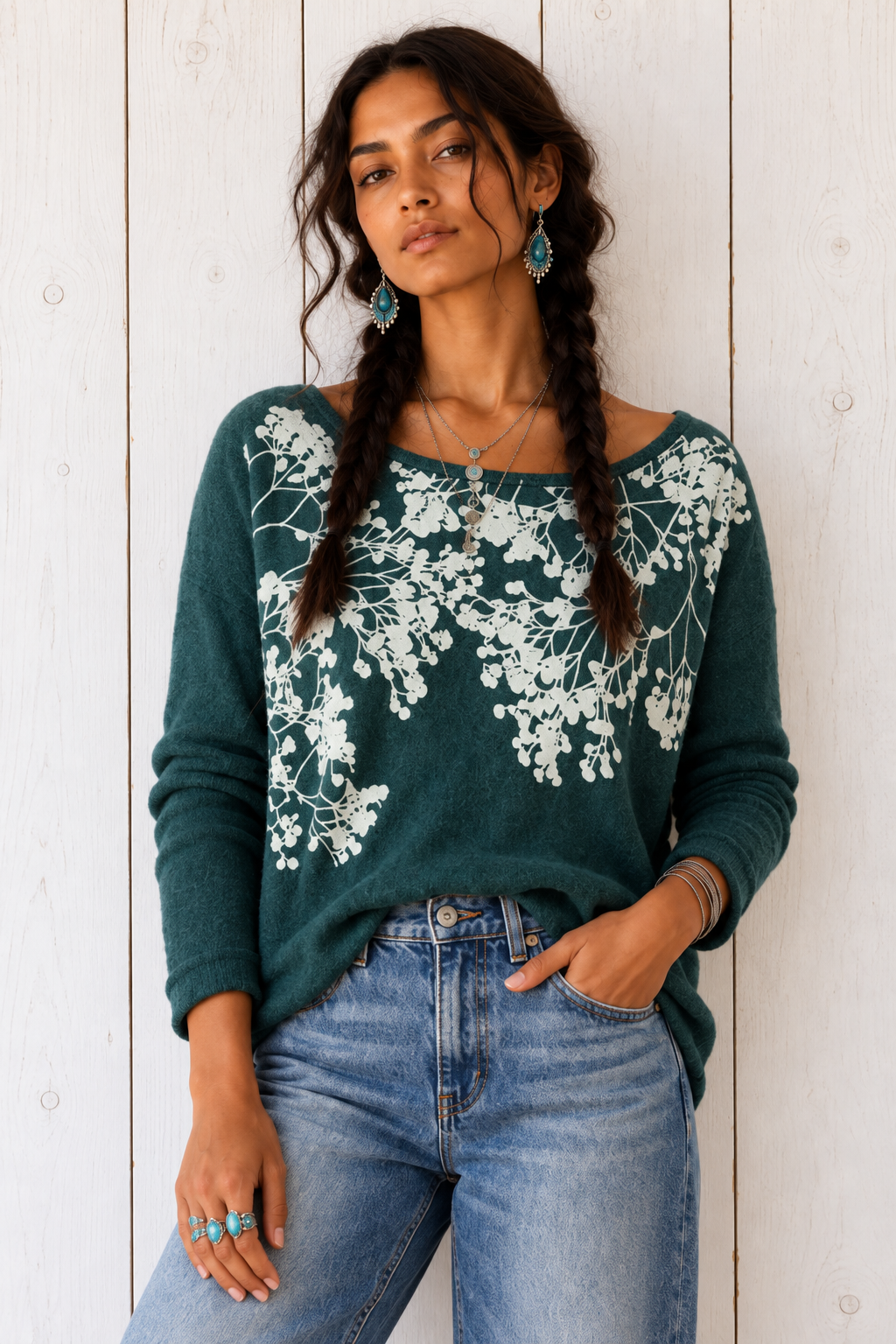 Veil of flowers fleece basic sweater ultra vegan cashmere emerald green
