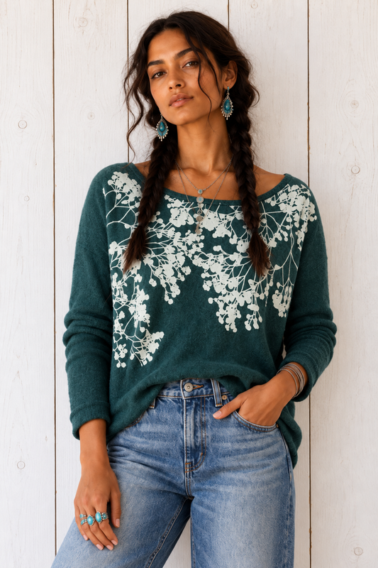 Veil of flowers fleece basic sweater ultra vegan cashmere emerald green