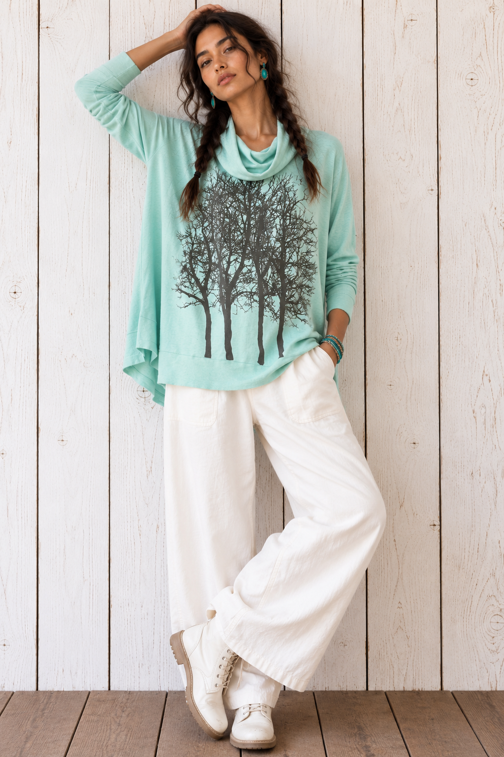 Fairytale Tree Cashmere Fleece Poncho -Aqua