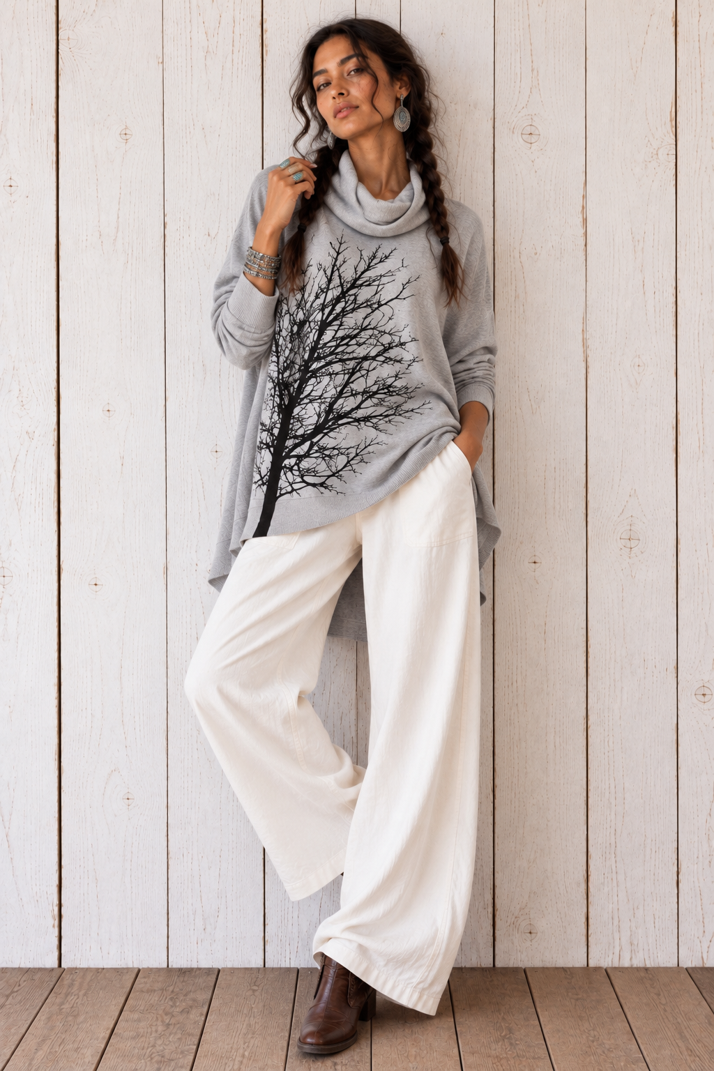 Sideways Trees Poncho Light Gray