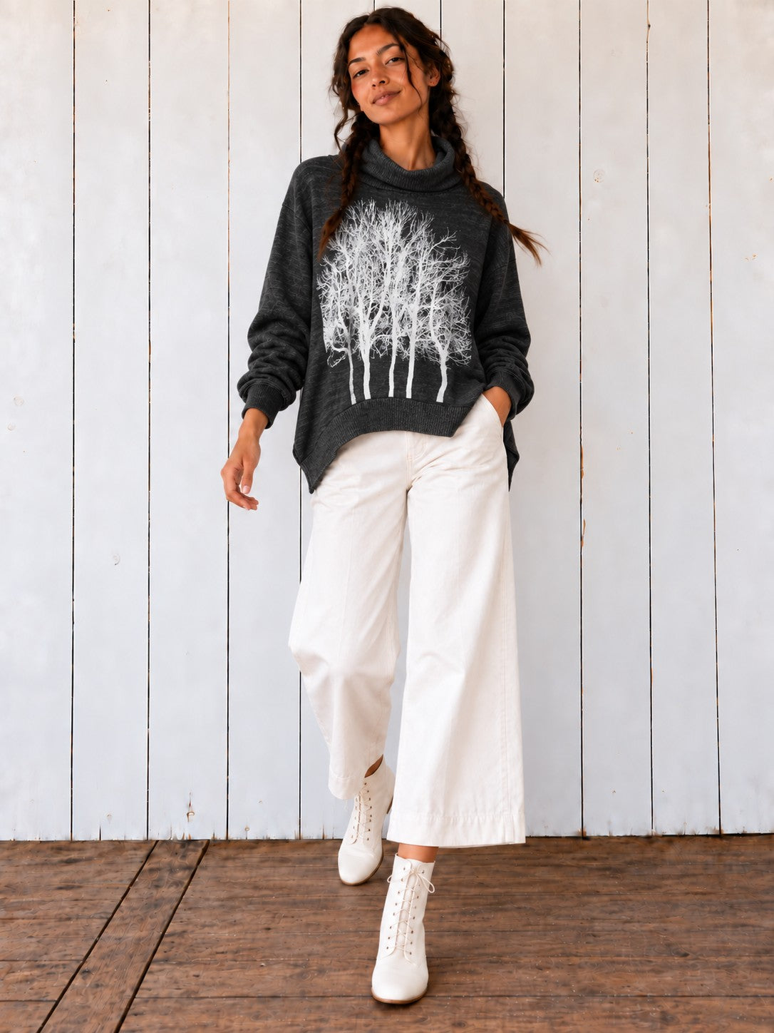 Charcoal Fairytale Tree Poncho on the Avalove model
