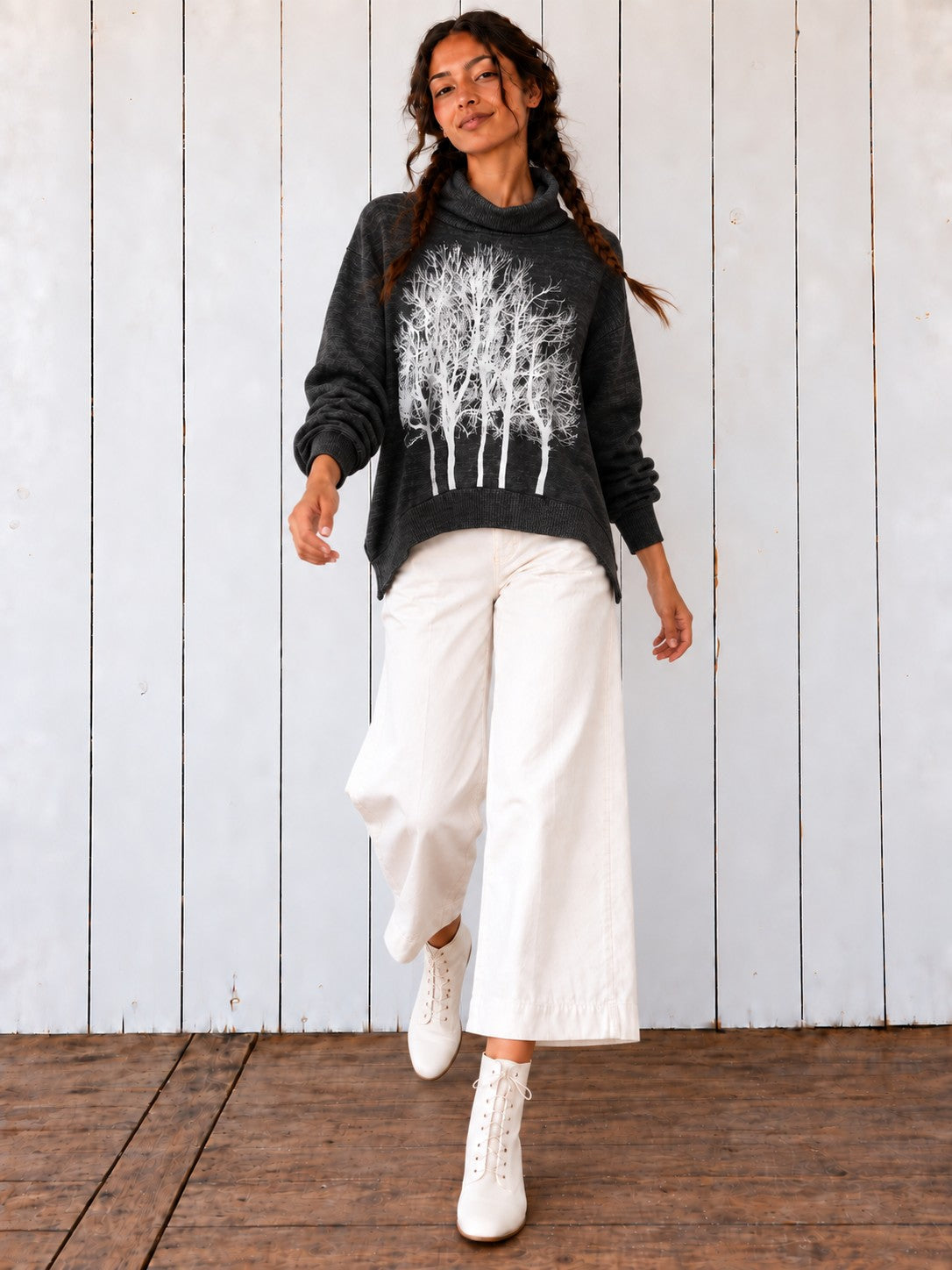 Charcoal Fairytale Tree Poncho on the Avalove model