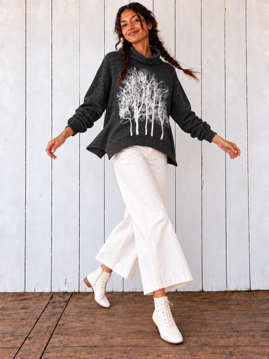 Charcoal Fairytale Tree Poncho on the Avalove model