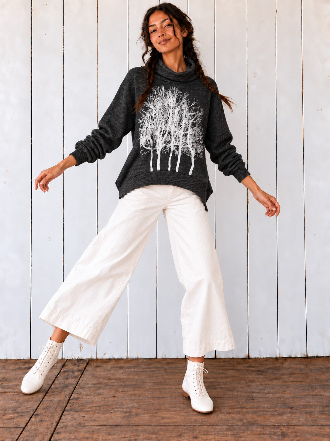Charcoal Fairytale Tree Poncho on the Avalove model