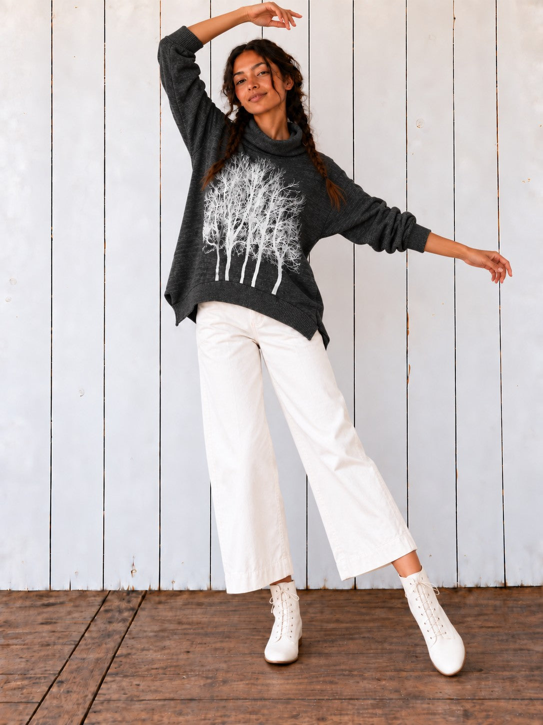 Charcoal Fairytale Tree Poncho on the Avalove model