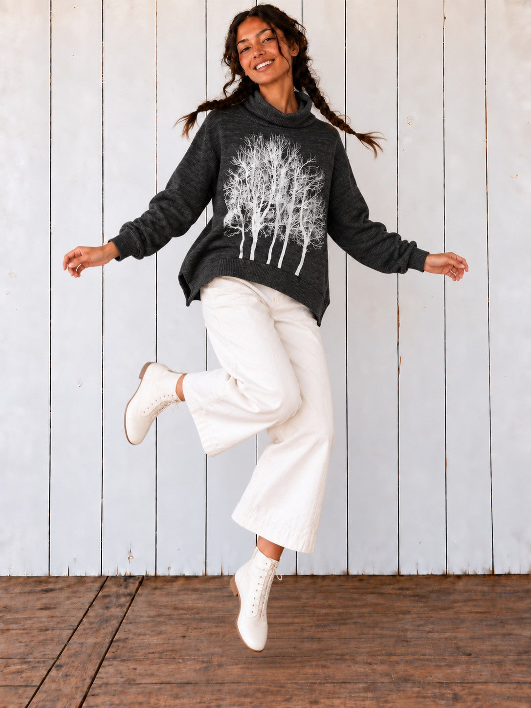 Charcoal Fairytale Tree Poncho on the Avalove model