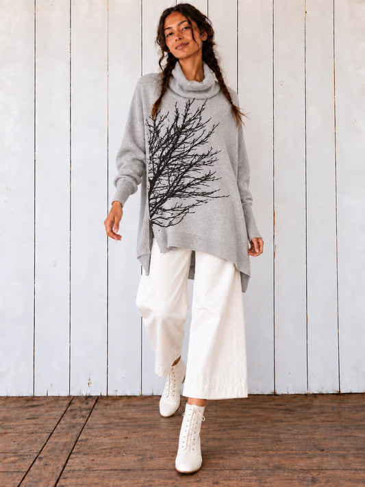 Light Gray Sideways Tree Poncho on the Avalove model