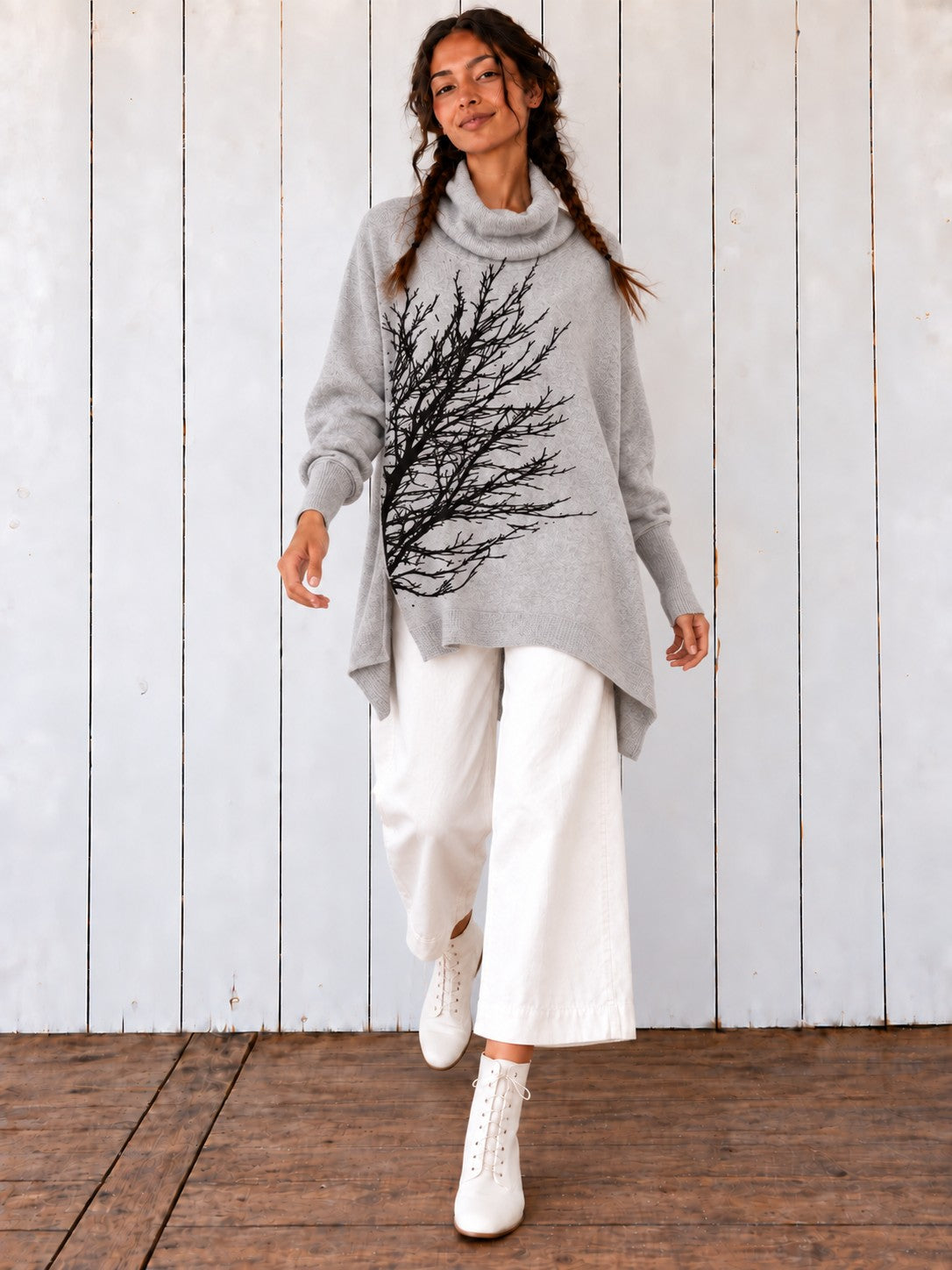 Light Gray Sideways Tree Poncho on the Avalove model