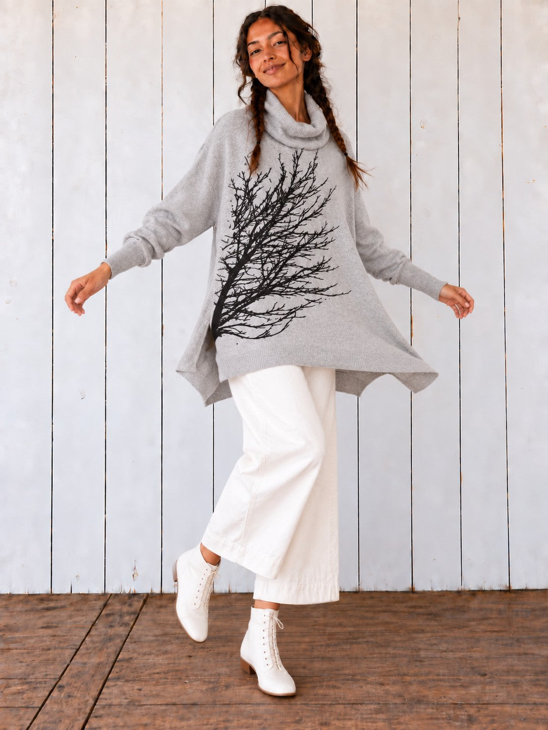 Light Gray Sideways Tree Poncho on the Avalove model