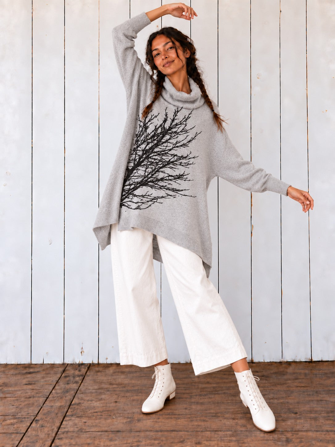 Light Gray Sideways Tree Poncho on the Avalove model