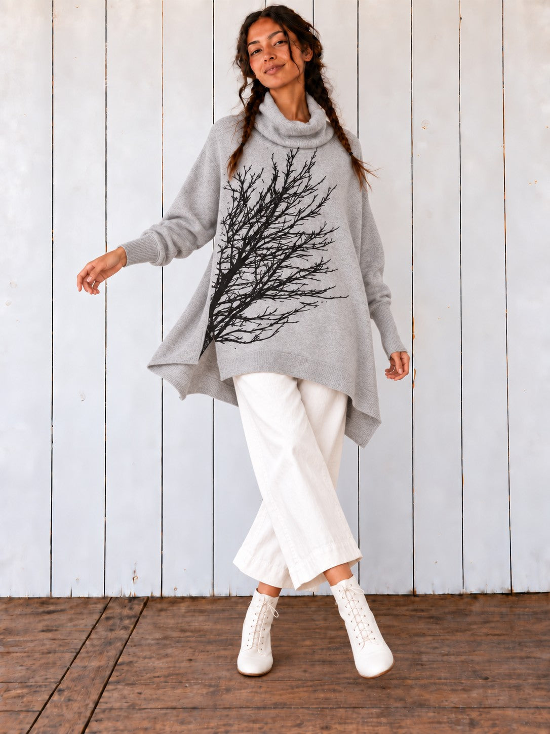 Light Gray Sideways Tree Poncho on the Avalove model