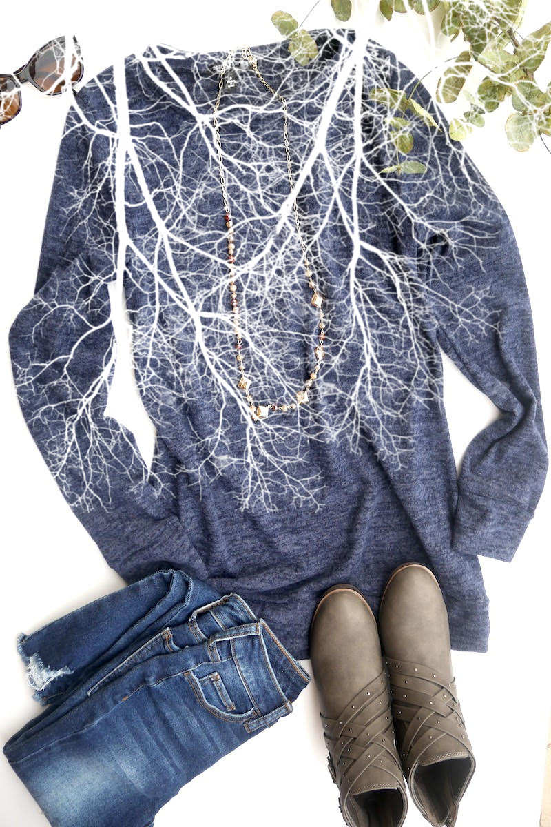 Moon Trees Lightweight Tunic Sweater- NAVY AND WHITE