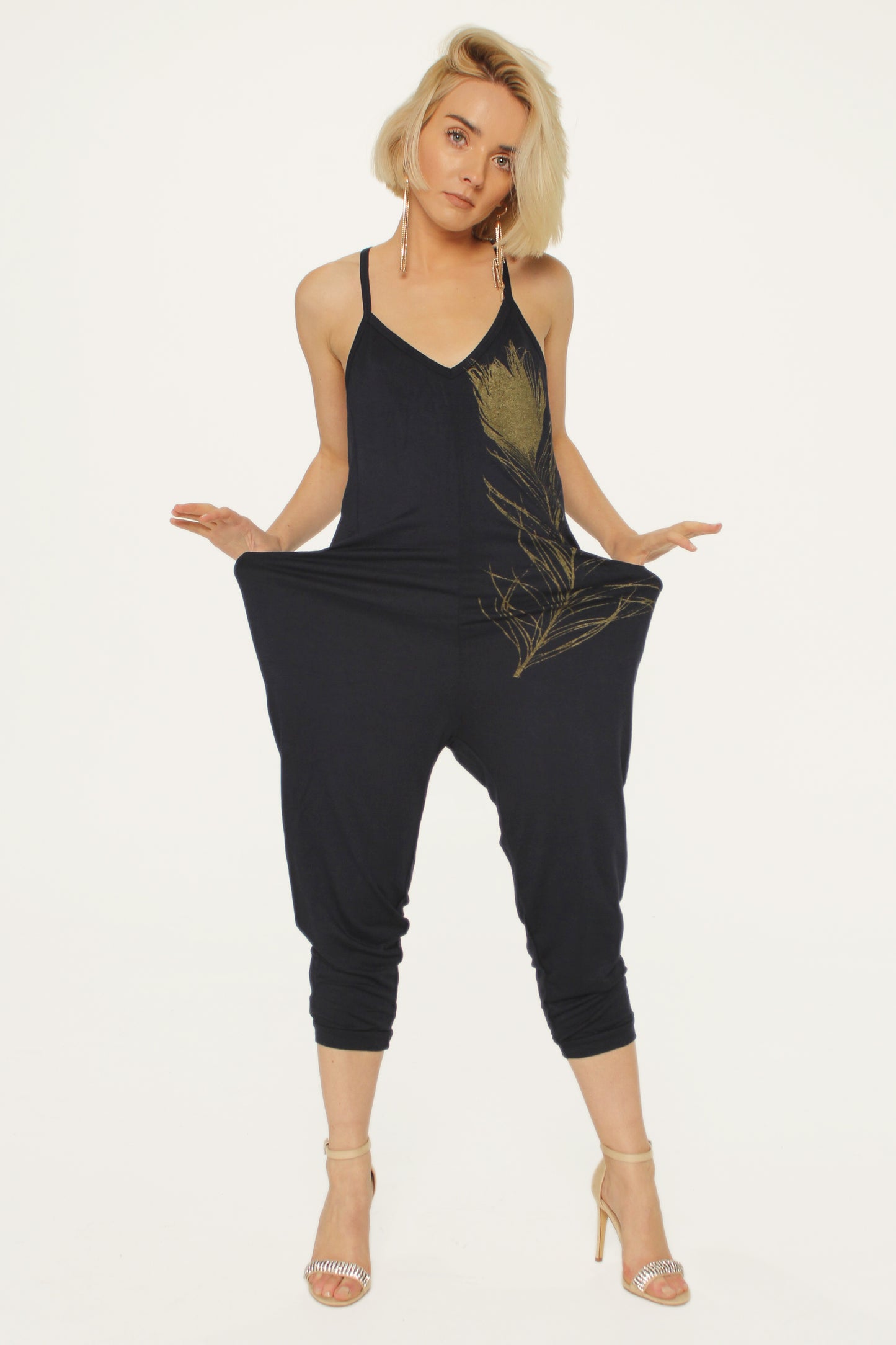 WABI SABI SALE Peacock Feather Jumpsuit Grey with copper feather