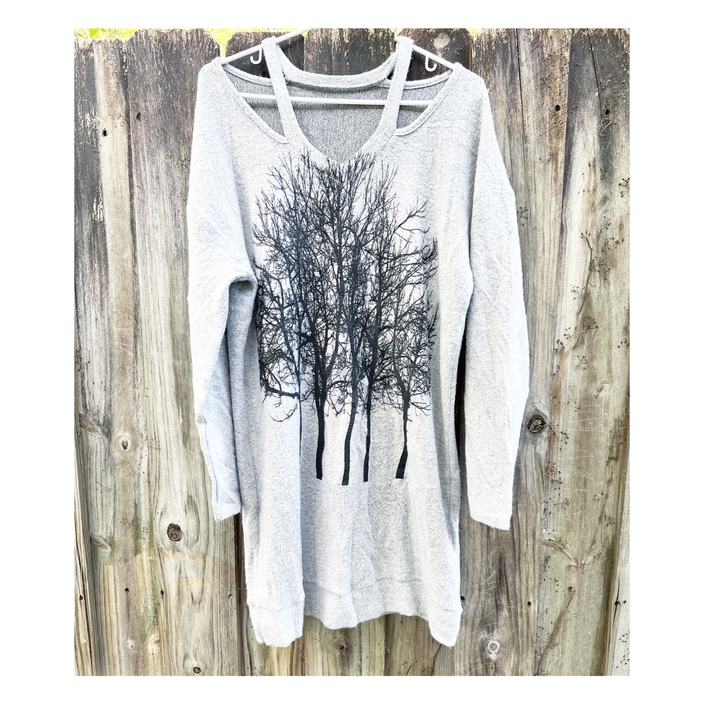 Fairytale Tree Fuzzy Strappy Vneck Pocket Tunic- Light Gray