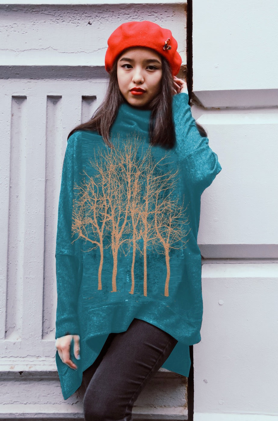 Fairytale Tree Oversized Turtleneck Fleecy Sweater -Emerald