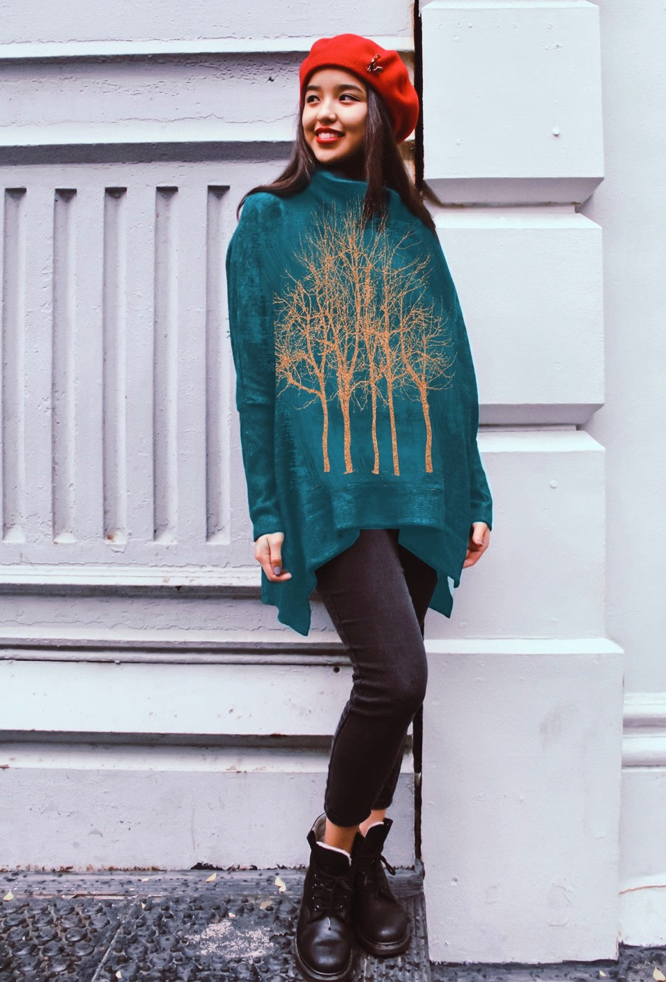 Fairytale Tree Oversized Turtleneck Fleecy Sweater -Emerald