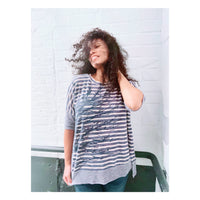 Stripey Sideways Tree Lightweight Knit 3/4 Sleeve Top