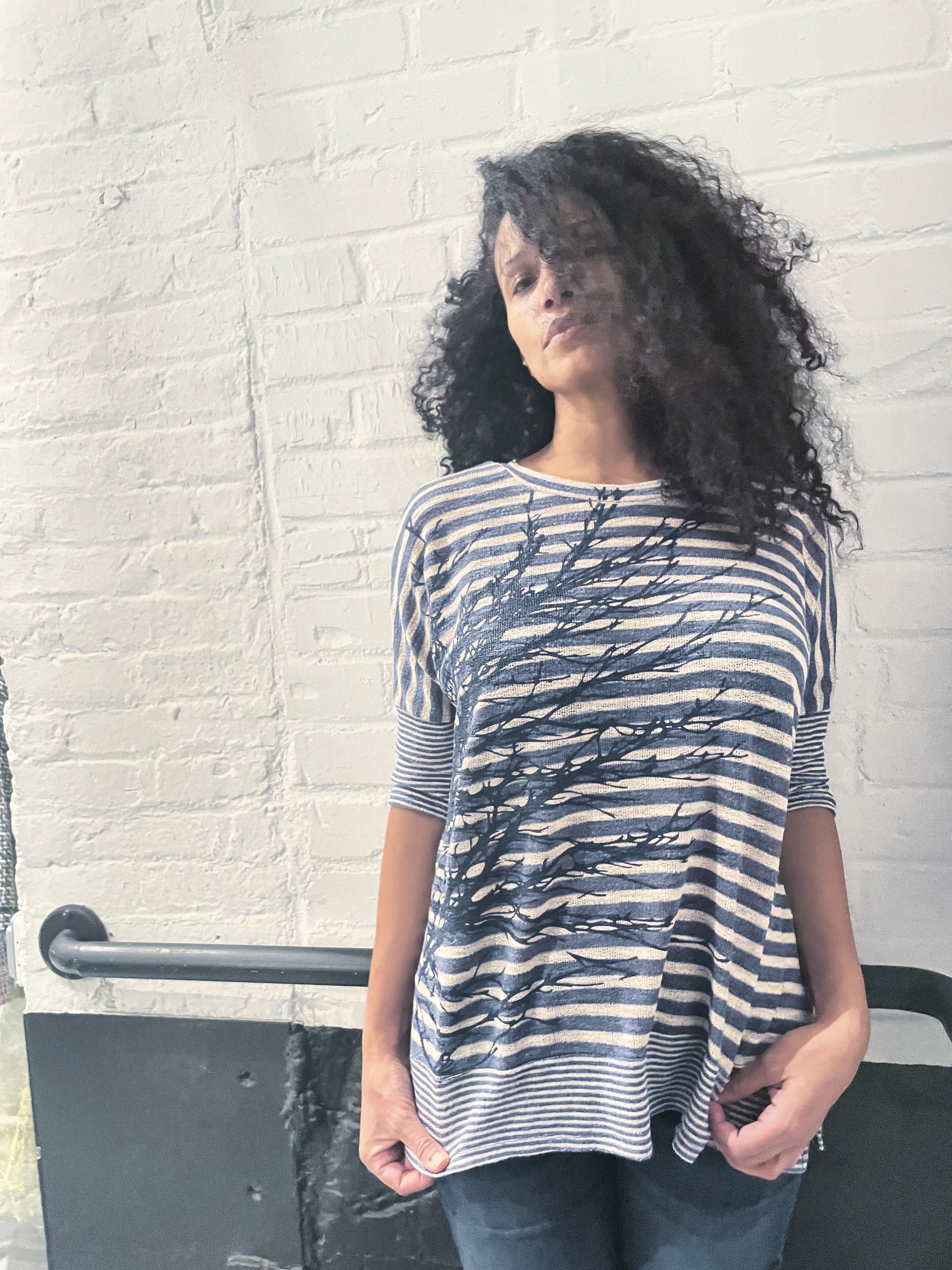 Stripey Sideways Tree Lightweight Knit 3/4 Sleeve Top